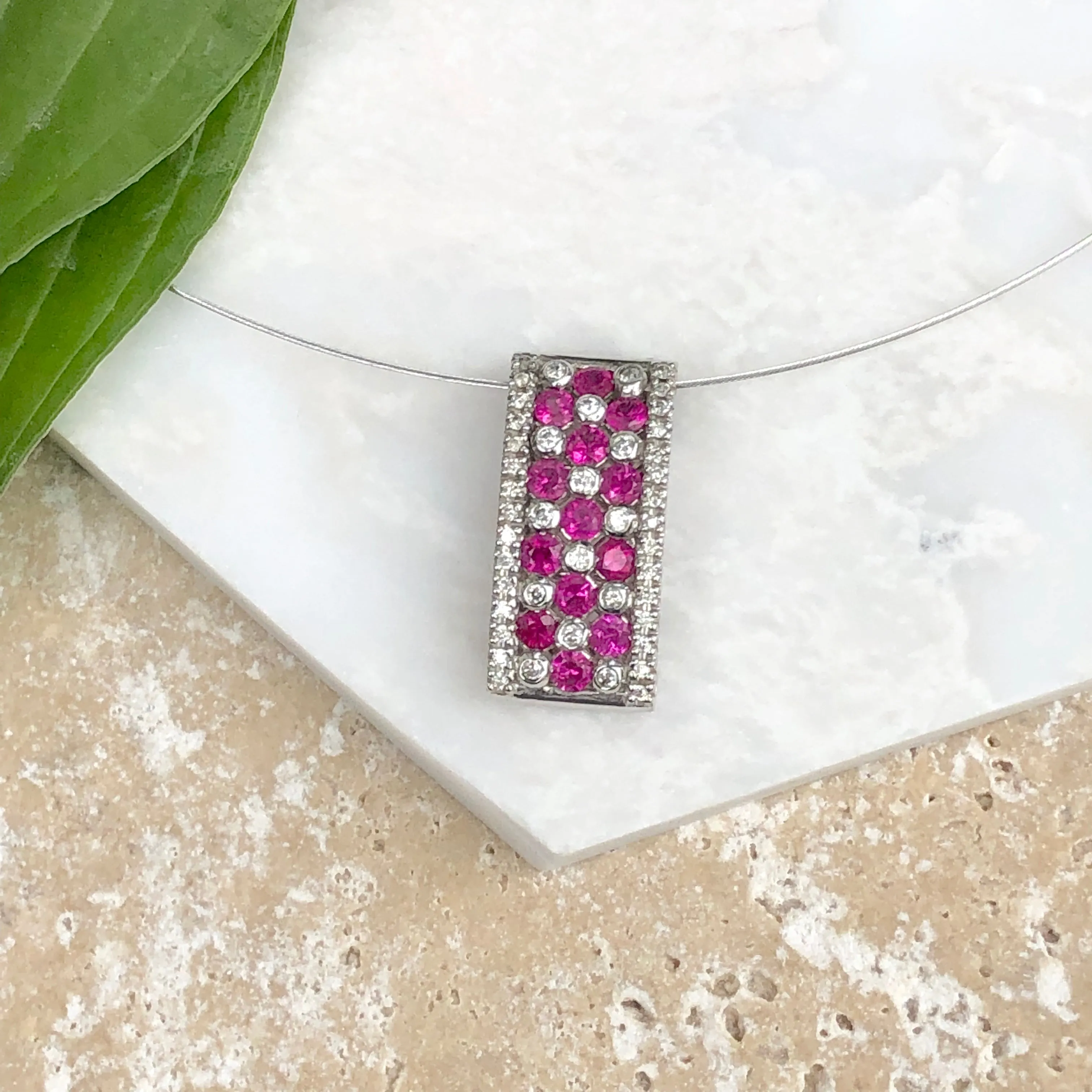14KT White Gold Ruby   Diamond Rectangle Pendant Slide