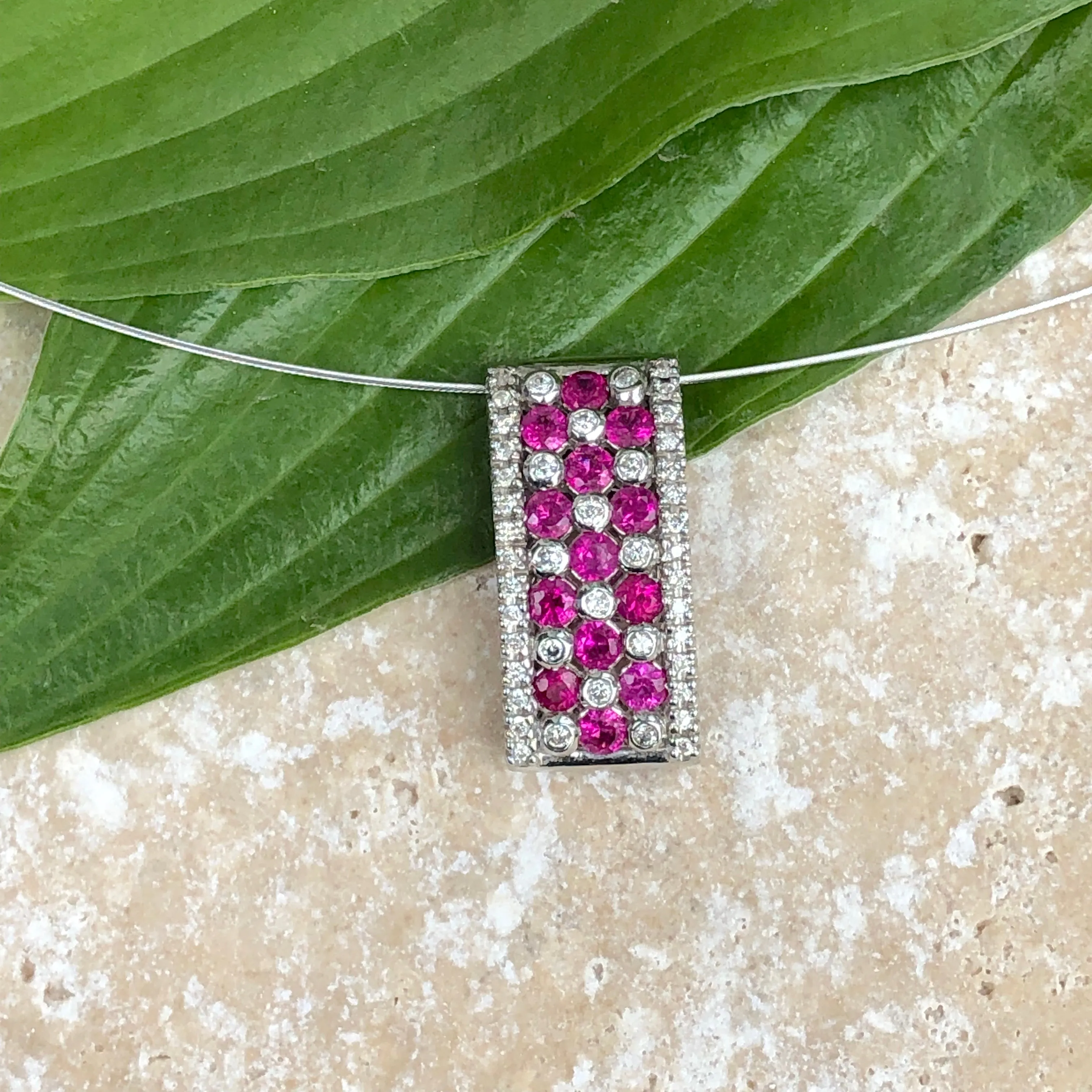 14KT White Gold Ruby   Diamond Rectangle Pendant Slide