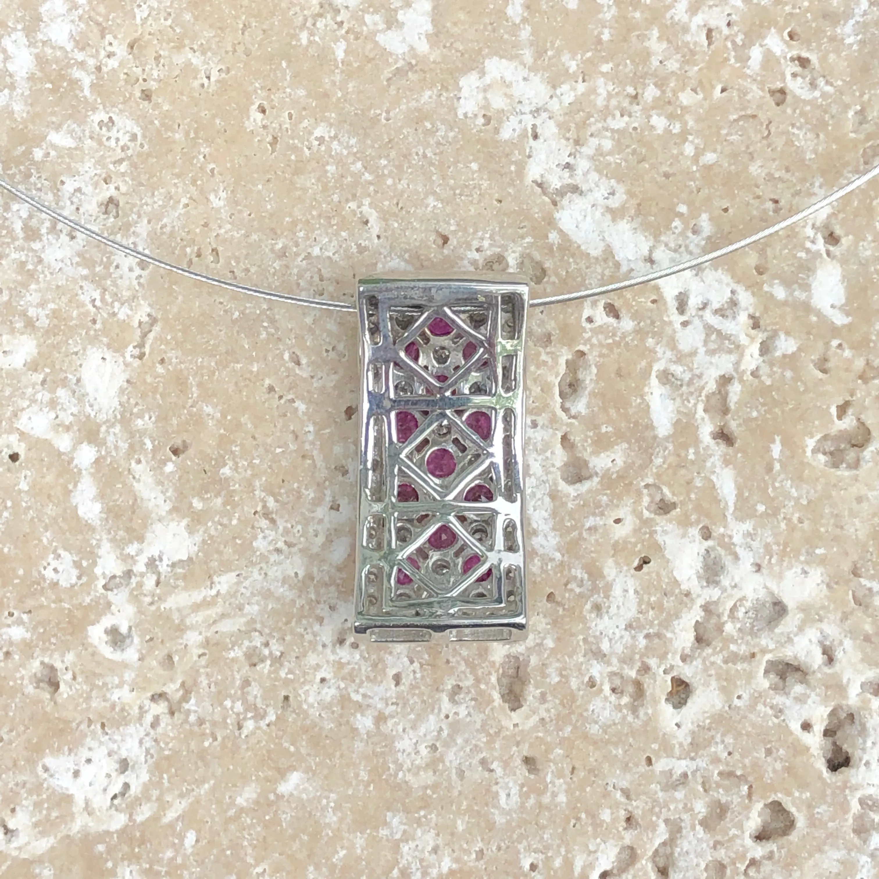 14KT White Gold Ruby   Diamond Rectangle Pendant Slide