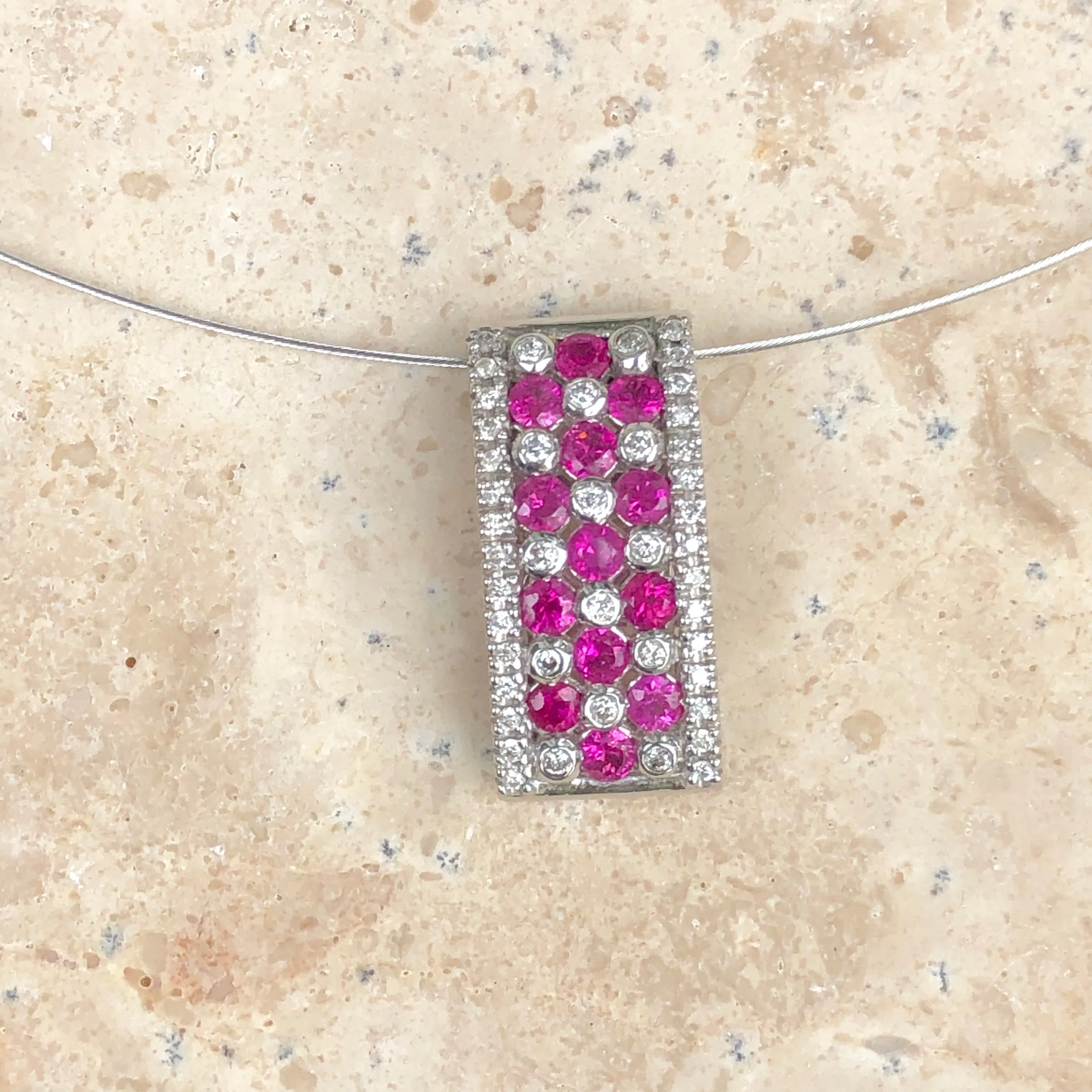 14KT White Gold Ruby   Diamond Rectangle Pendant Slide