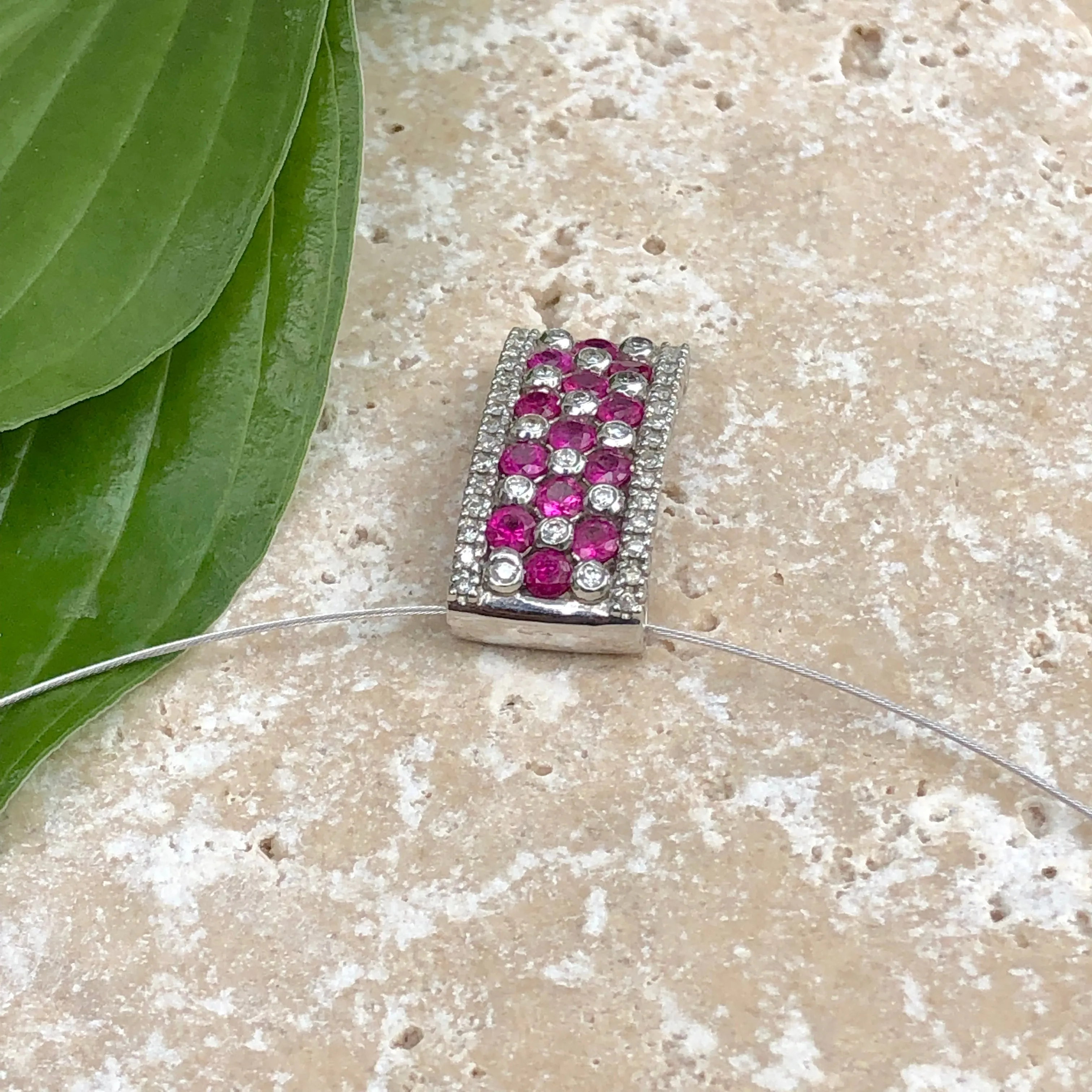 14KT White Gold Ruby   Diamond Rectangle Pendant Slide