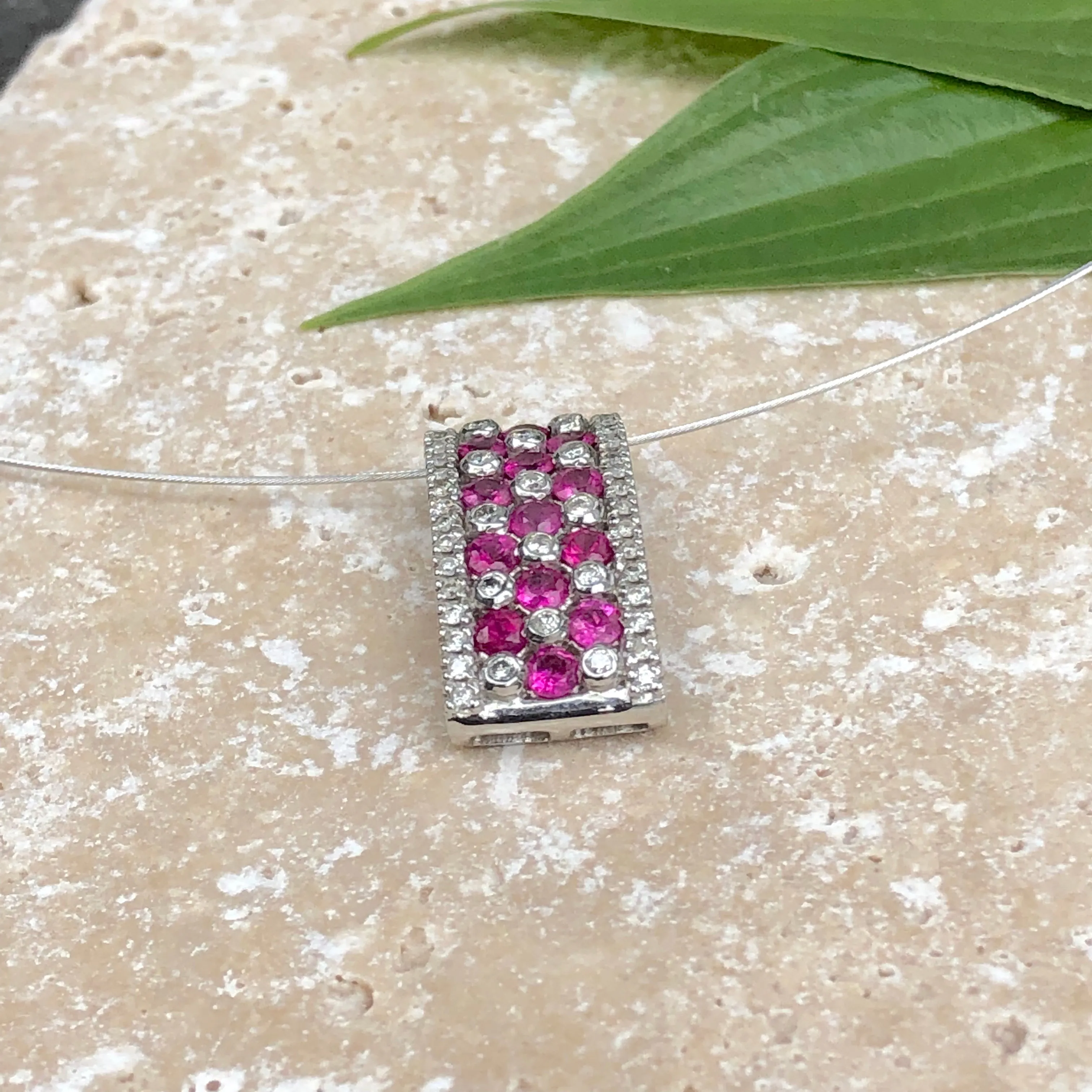 14KT White Gold Ruby   Diamond Rectangle Pendant Slide
