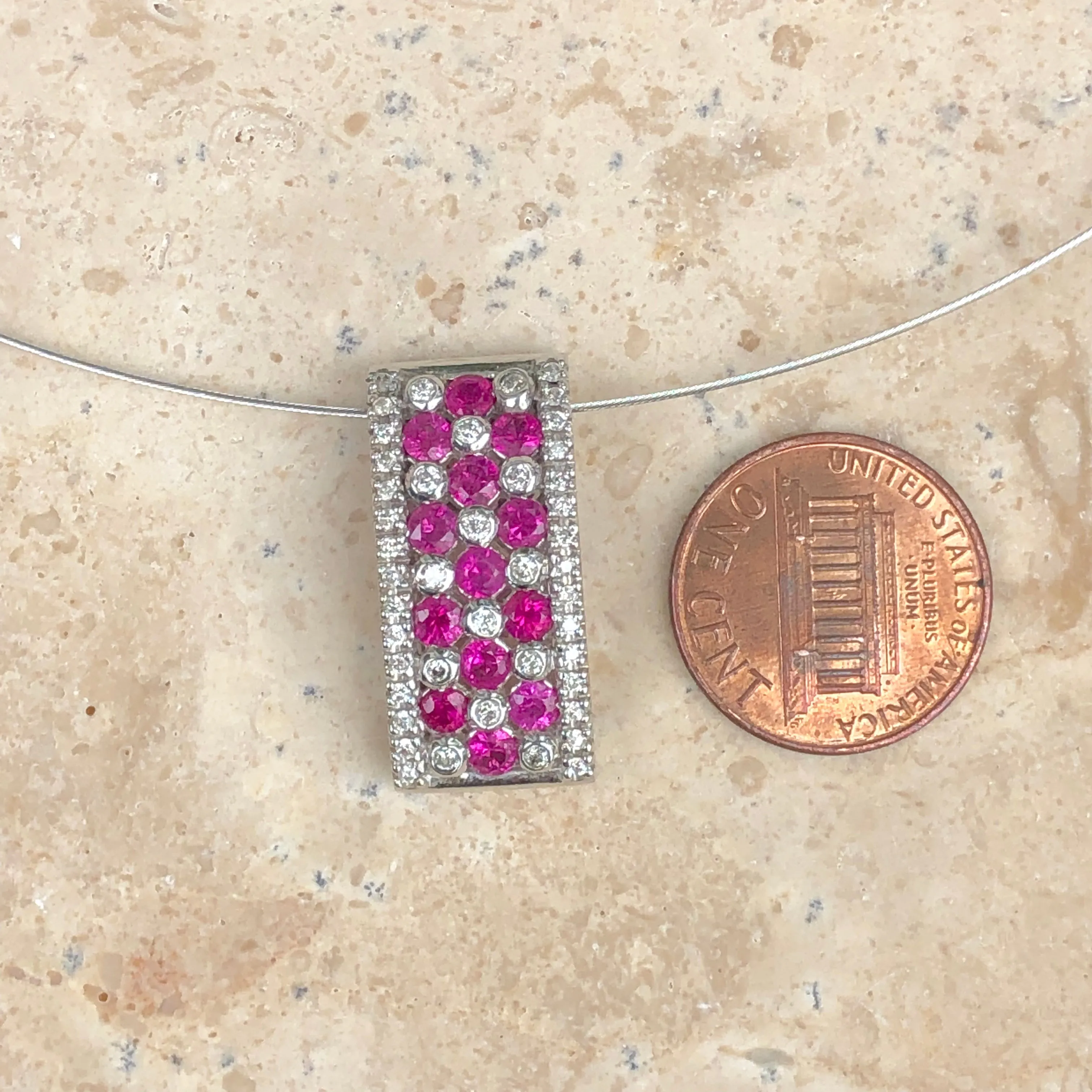14KT White Gold Ruby   Diamond Rectangle Pendant Slide