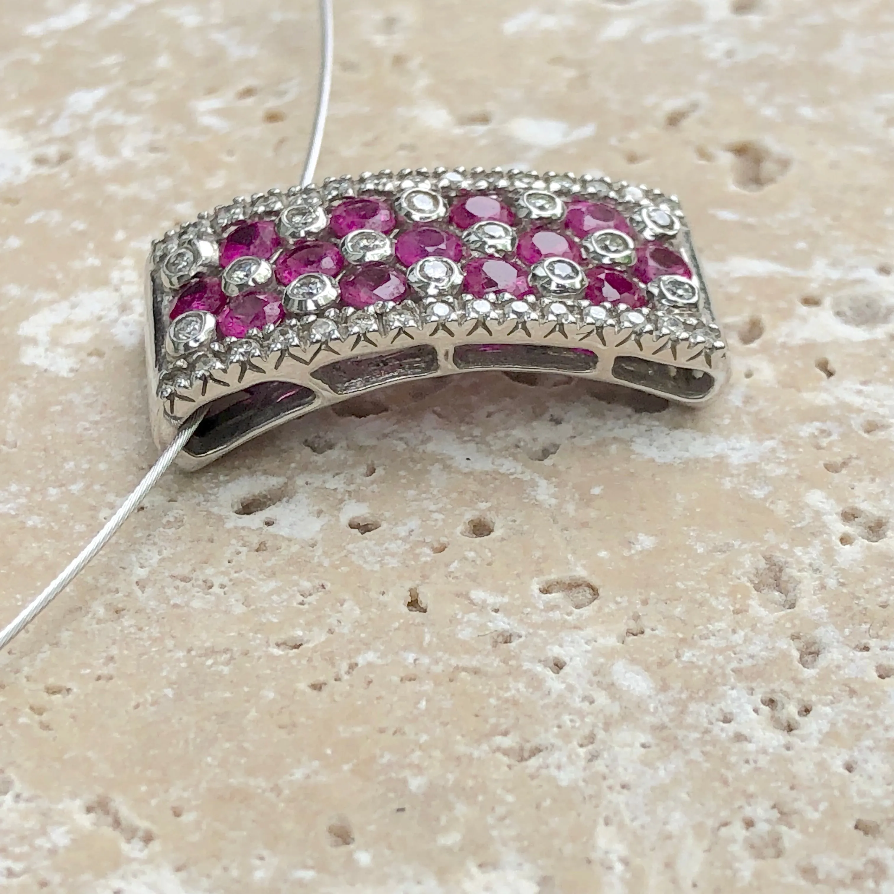 14KT White Gold Ruby   Diamond Rectangle Pendant Slide