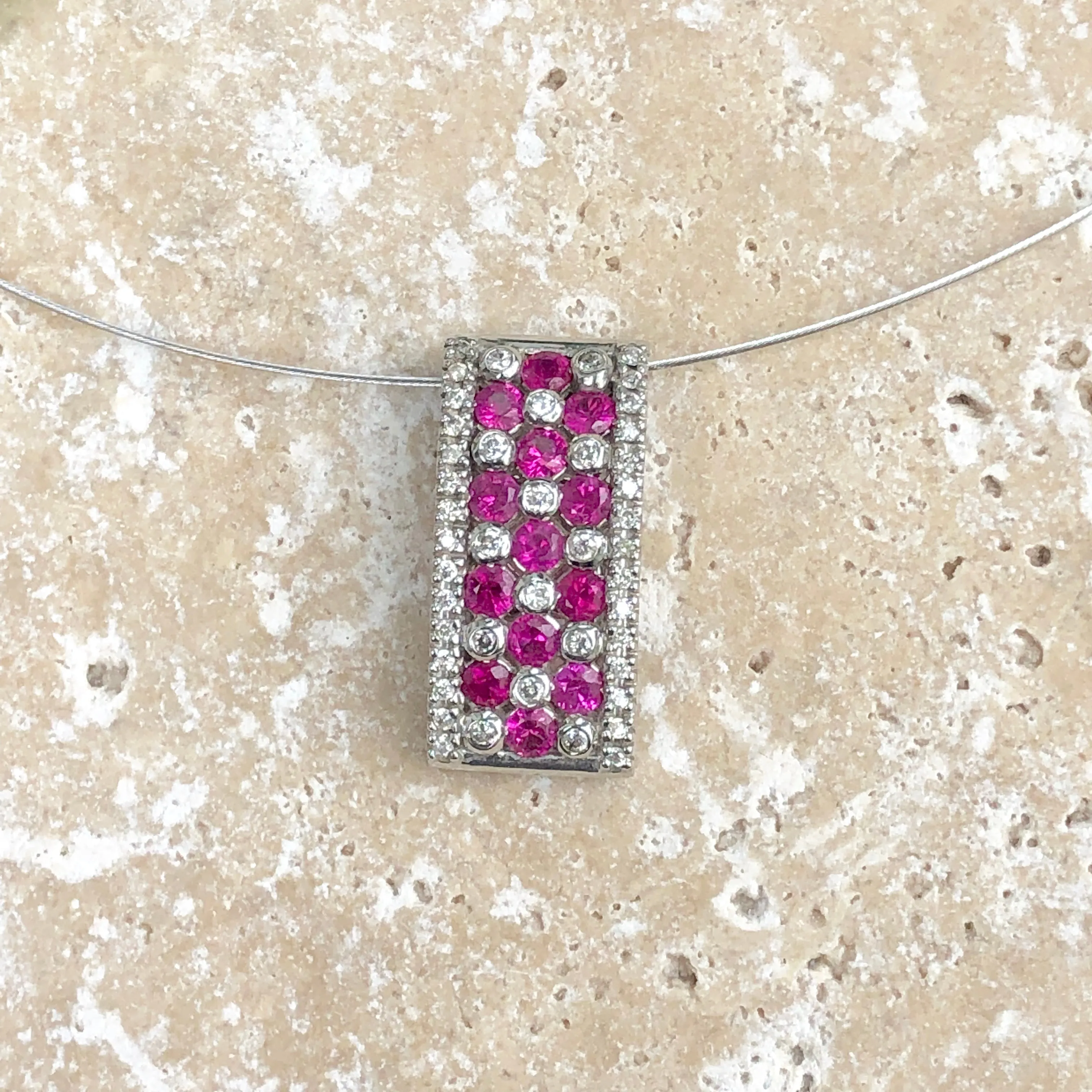 14KT White Gold Ruby   Diamond Rectangle Pendant Slide