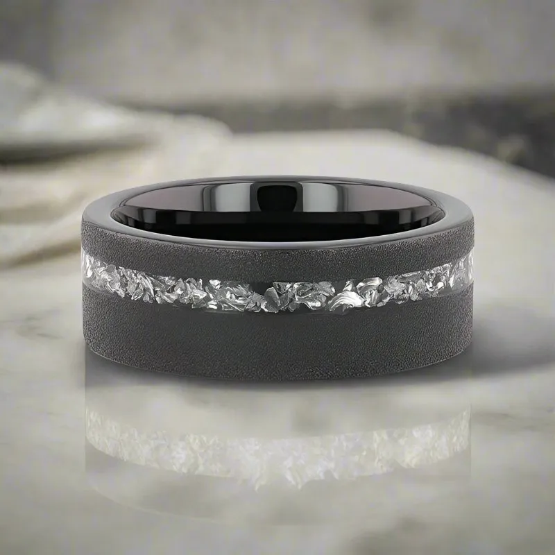 ABYSS | Tungsten Ring, Sandblasted, Meteorite Fragments Inlay, Flat