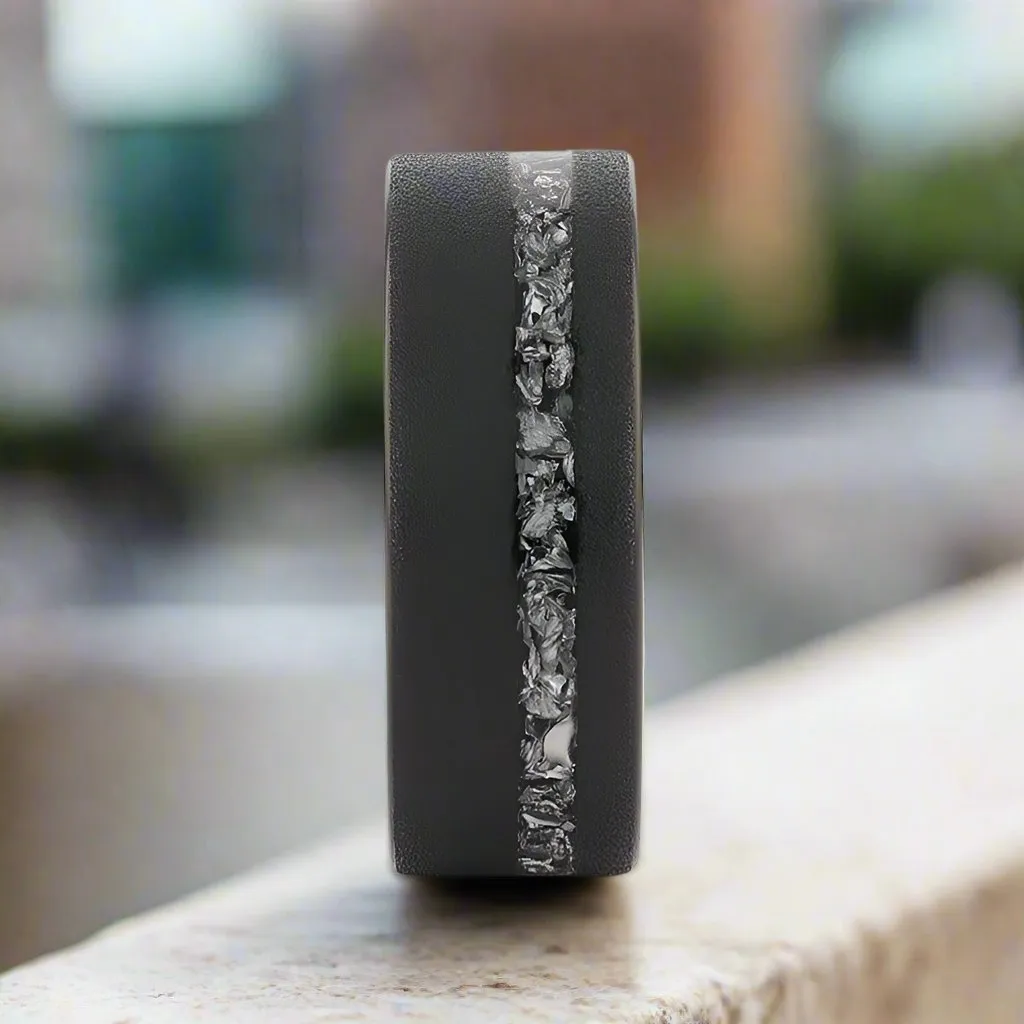 ABYSS | Tungsten Ring, Sandblasted, Meteorite Fragments Inlay, Flat