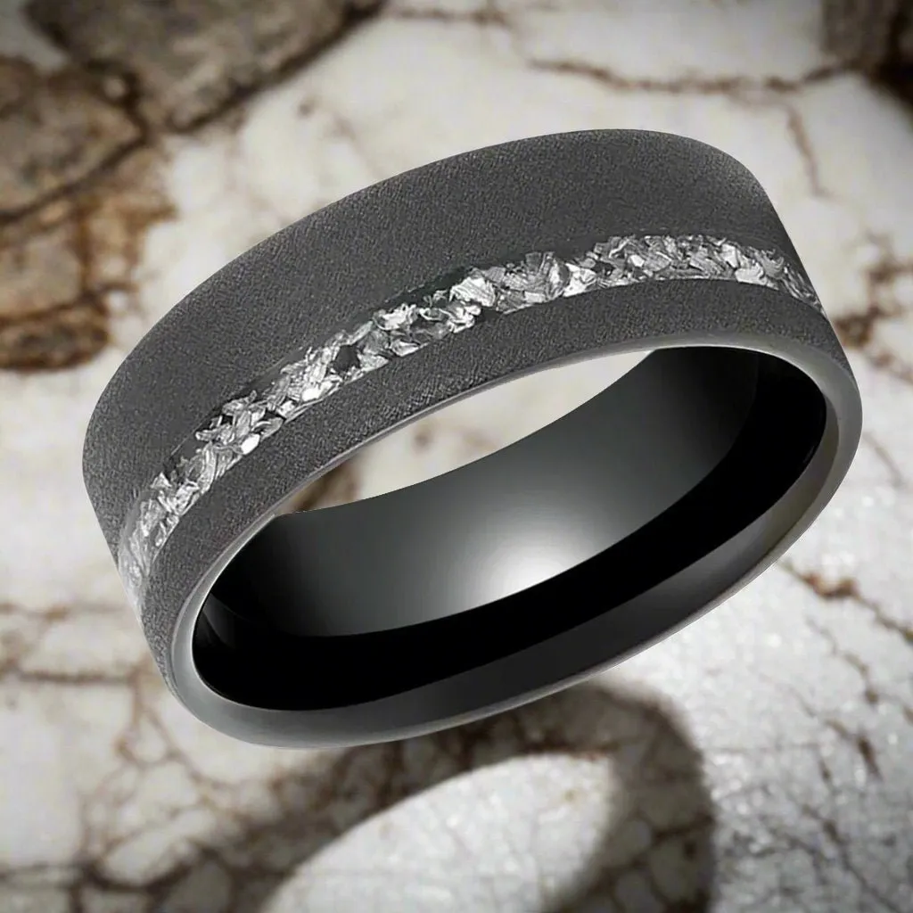 ABYSS | Tungsten Ring, Sandblasted, Meteorite Fragments Inlay, Flat