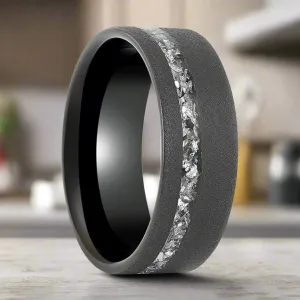 ABYSS | Tungsten Ring, Sandblasted, Meteorite Fragments Inlay, Flat
