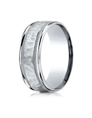 Benchmark 10k White Gold 8mm Comfort-Fit Hammered Center High Polish Round Edge Carved Design Band ( 6-13)