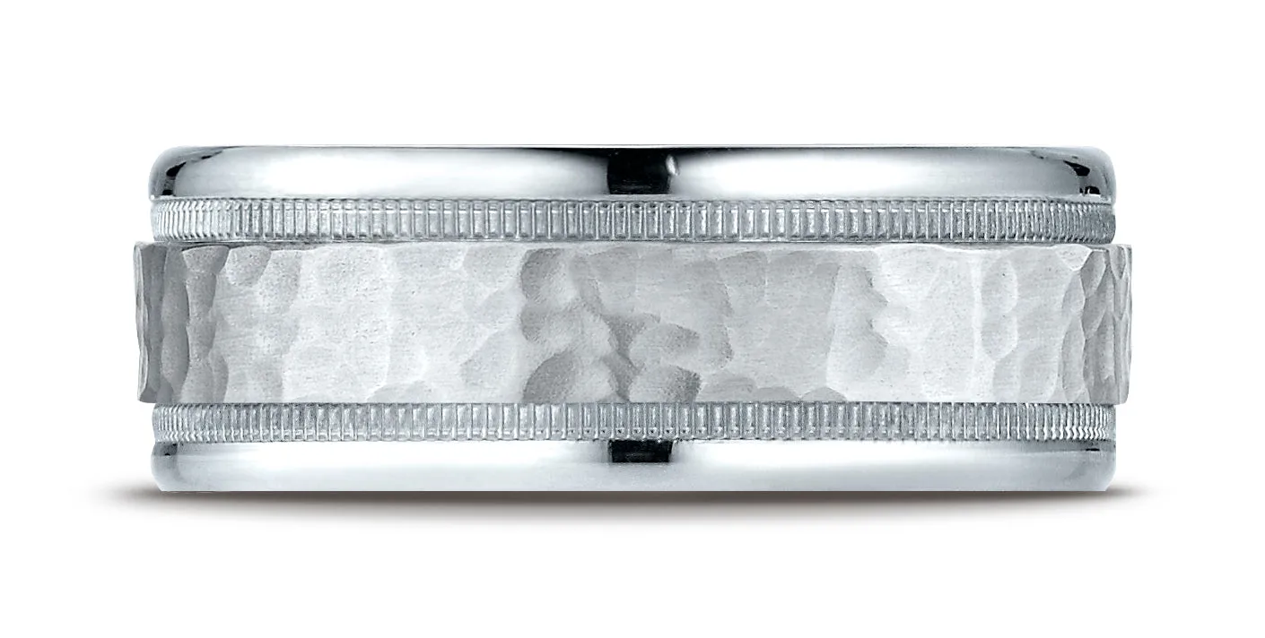 Benchmark 10k White Gold 8mm Comfort-Fit Hammered Center High Polish Round Edge Carved Design Band ( 6-13)