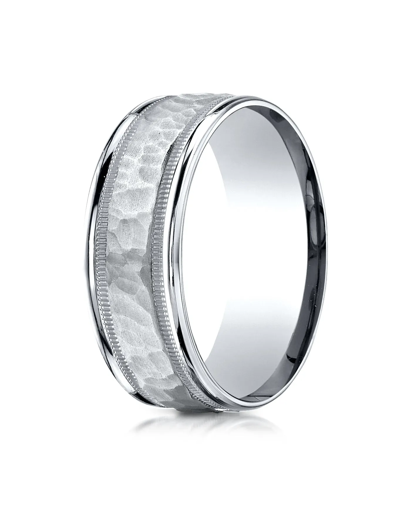 Benchmark 10k White Gold 8mm Comfort-Fit Hammered Center High Polish Round Edge Carved Design Band ( 6-13)
