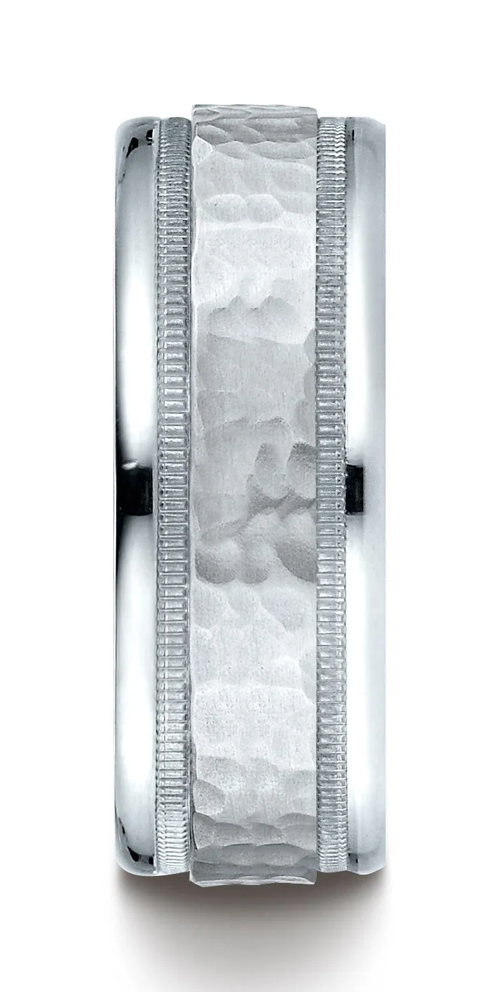 Benchmark 10k White Gold 8mm Comfort-Fit Hammered Center High Polish Round Edge Carved Design Band ( 6-13)