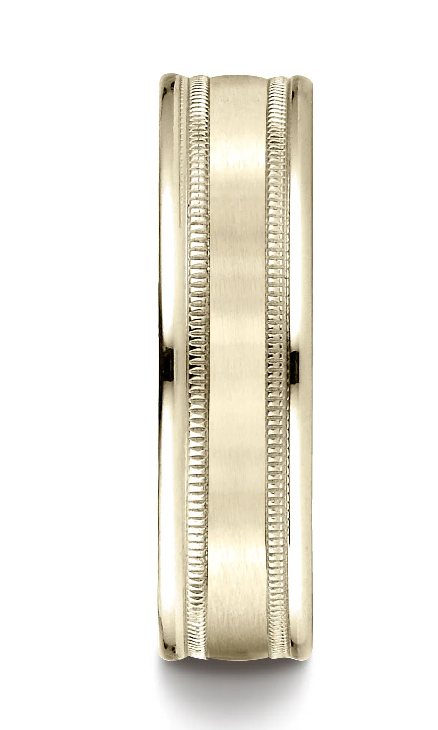 Benchmark 10K Yellow Gold 6mm Comfort-Fit Satin Finish Center w/  Milgrain Round Edge Carved Design Ring