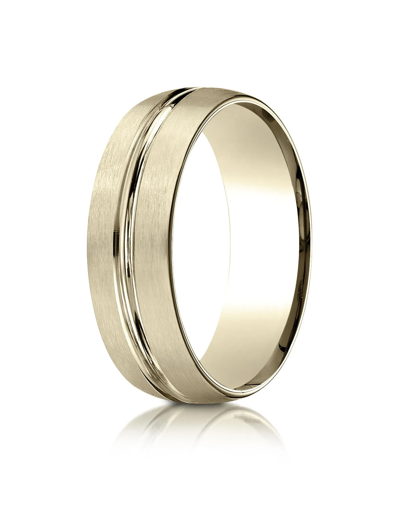 Benchmark 10k Yellow Gold 7mm Comfort-Fit Satin-Finish w/ High Polish Center Cut Carved Design Band,(4-15)