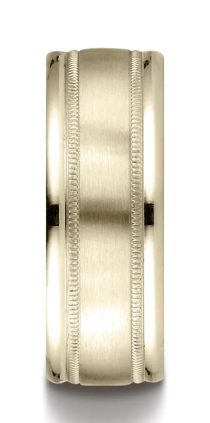 Benchmark 10K Yellow Gold 8mm Comfort-Fit Satin Finish Center w/  Milgrain Round Edge Carved Design Ring