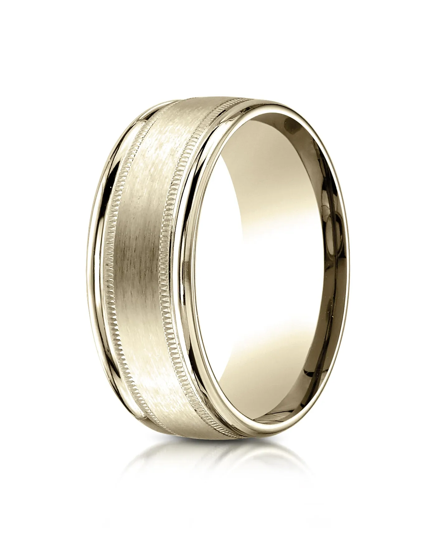 Benchmark 10K Yellow Gold 8mm Comfort-Fit Satin Finish Center w/  Milgrain Round Edge Carved Design Ring