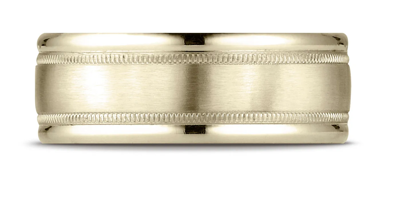 Benchmark 10K Yellow Gold 8mm Comfort-Fit Satin Finish Center w/  Milgrain Round Edge Carved Design Ring
