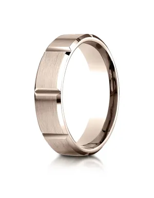 Benchmark 14K Rose Gold 6mm Comfort-Fit Satin-Finished Grooves Carved Design Wedding Band Ring