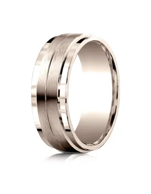 Benchmark 14k Rose Gold 8mm Comfort-Fit Drop Bevel Satin Center Design Band, (Sizes 4-15)