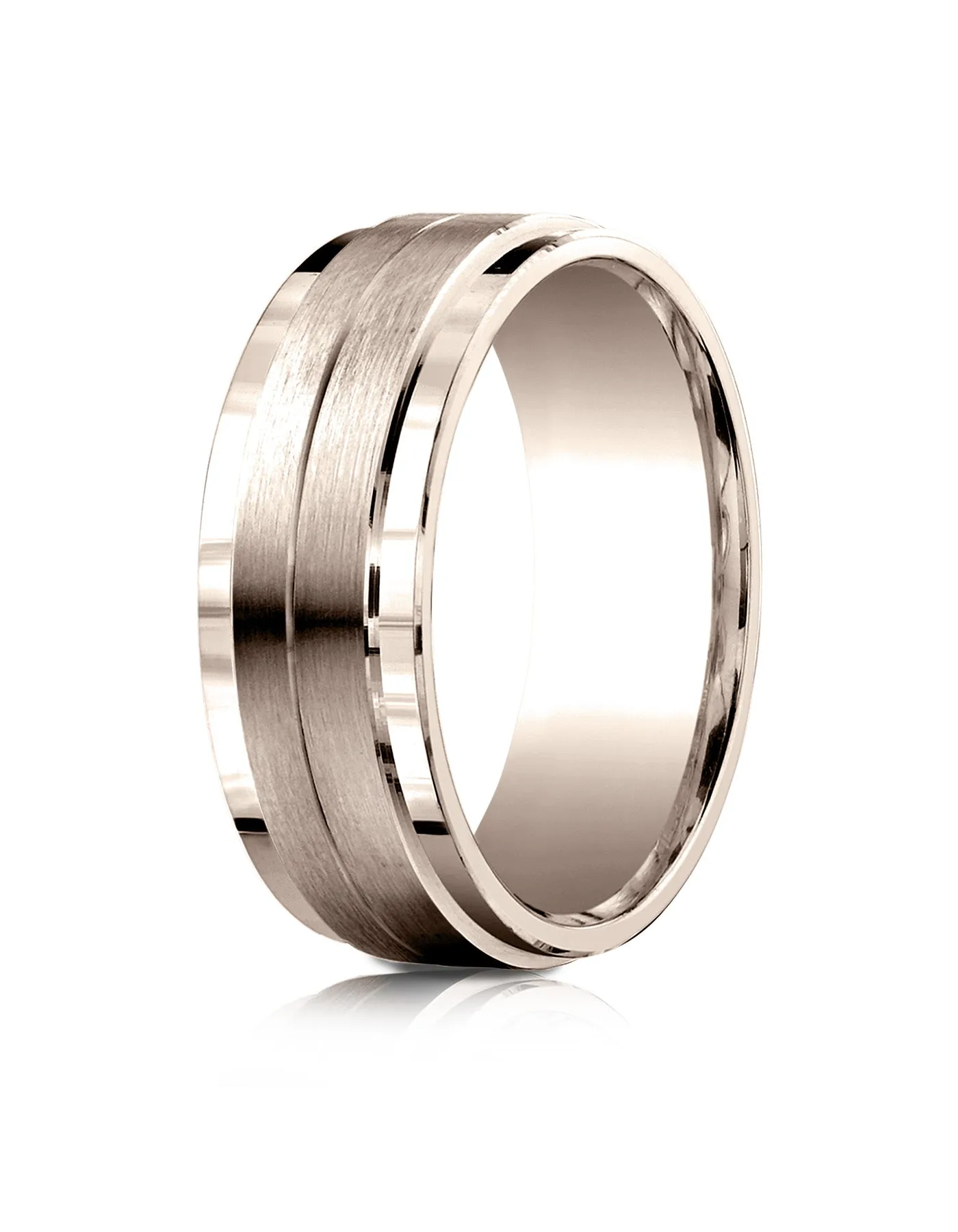 Benchmark 14k Rose Gold 8mm Comfort-Fit Drop Bevel Satin Center Design Band, (Sizes 4-15)