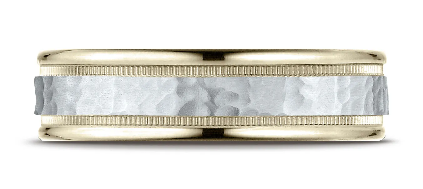 Benchmark 14K Two-Toned Gold 6mm Comfort-Fit Hammered-Finished with Milgrain Carved Design Wedding Band