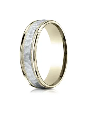 Benchmark 14K Two-Toned Gold 6mm Comfort-Fit Hammered-Finished with Milgrain Carved Design Wedding Band