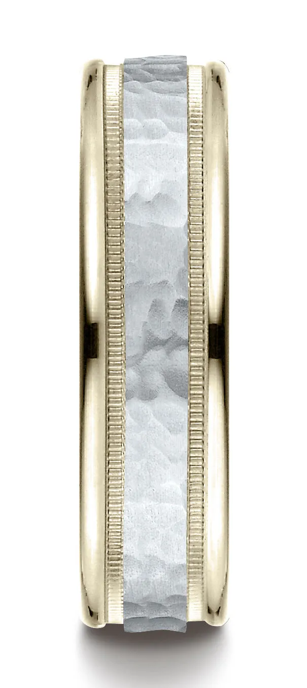 Benchmark 14K Two-Toned Gold 6mm Comfort-Fit Hammered-Finished with Milgrain Carved Design Wedding Band