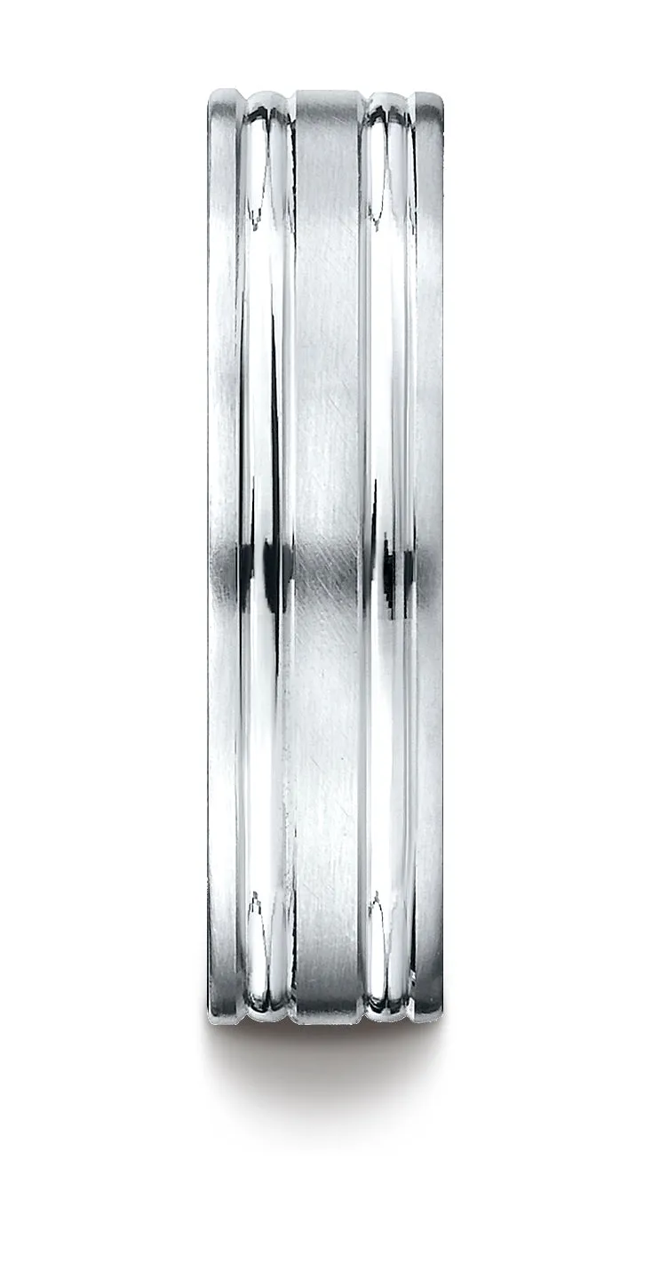 Benchmark 14K White Gold 6mm Comfort-Fit Satin-Finished with Parallel Grooves Carved Design Wedding Band