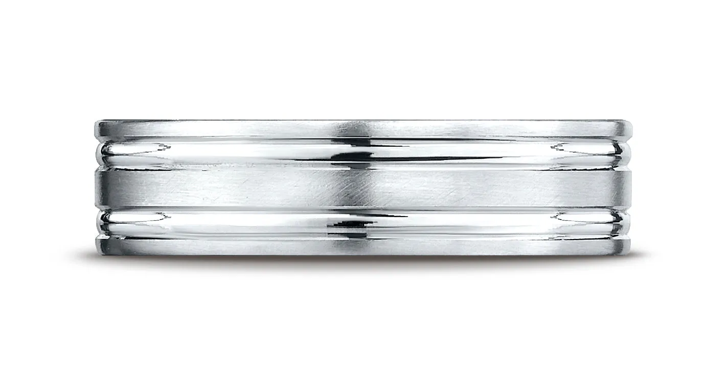 Benchmark 14K White Gold 6mm Comfort-Fit Satin-Finished with Parallel Grooves Carved Design Wedding Band