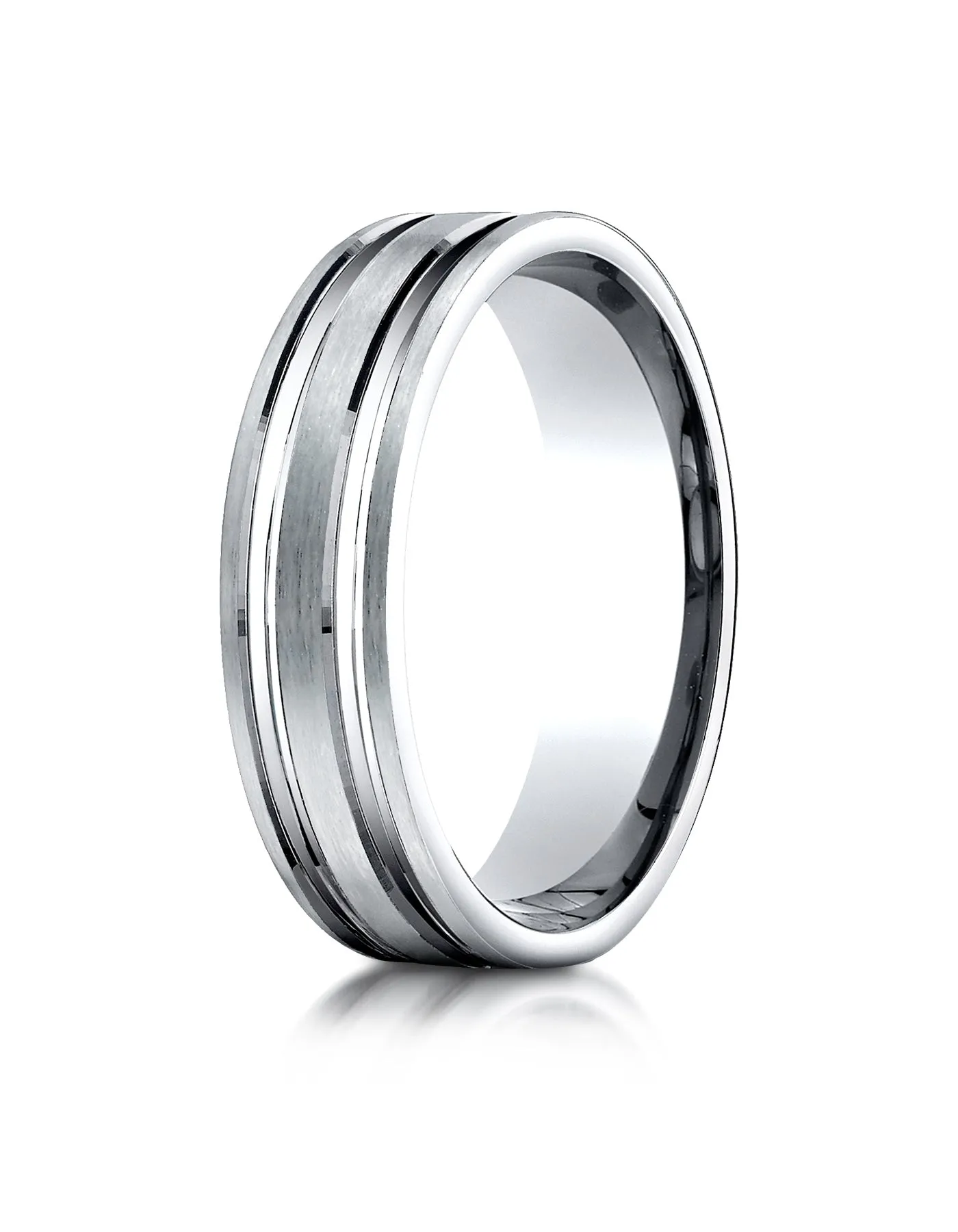 Benchmark 14K White Gold 6mm Comfort-Fit Satin-Finished with Parallel Grooves Carved Design Wedding Band