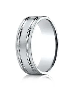 Benchmark 14k White Gold 7mm Comfort-Fit Satin-Finished w/ Parallel Grooves Carved Design Band (Sizes 4-15)