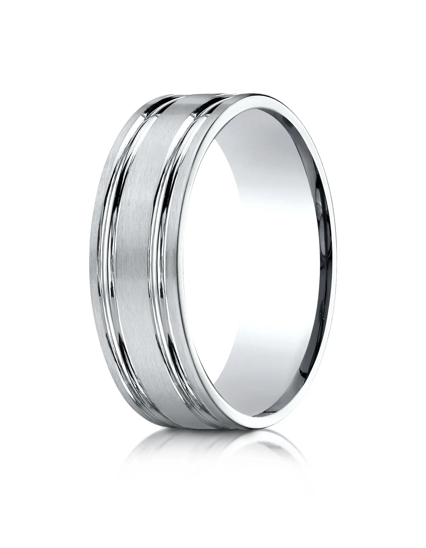 Benchmark 14k White Gold 7mm Comfort-Fit Satin-Finished w/ Parallel Grooves Carved Design Band (Sizes 4-15)