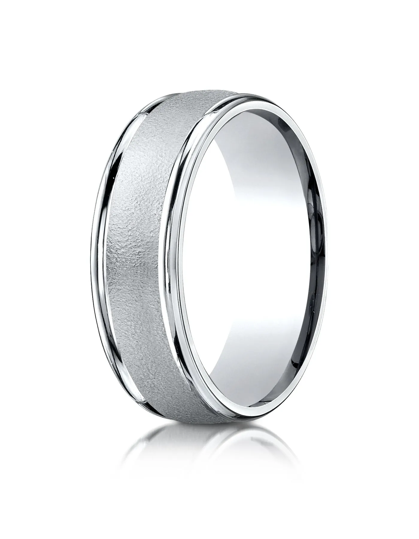 Benchmark 14k White Gold 7mm Comfort-Fit Wired-Finished High Polish Round Edge Carved Design Band (4-15)