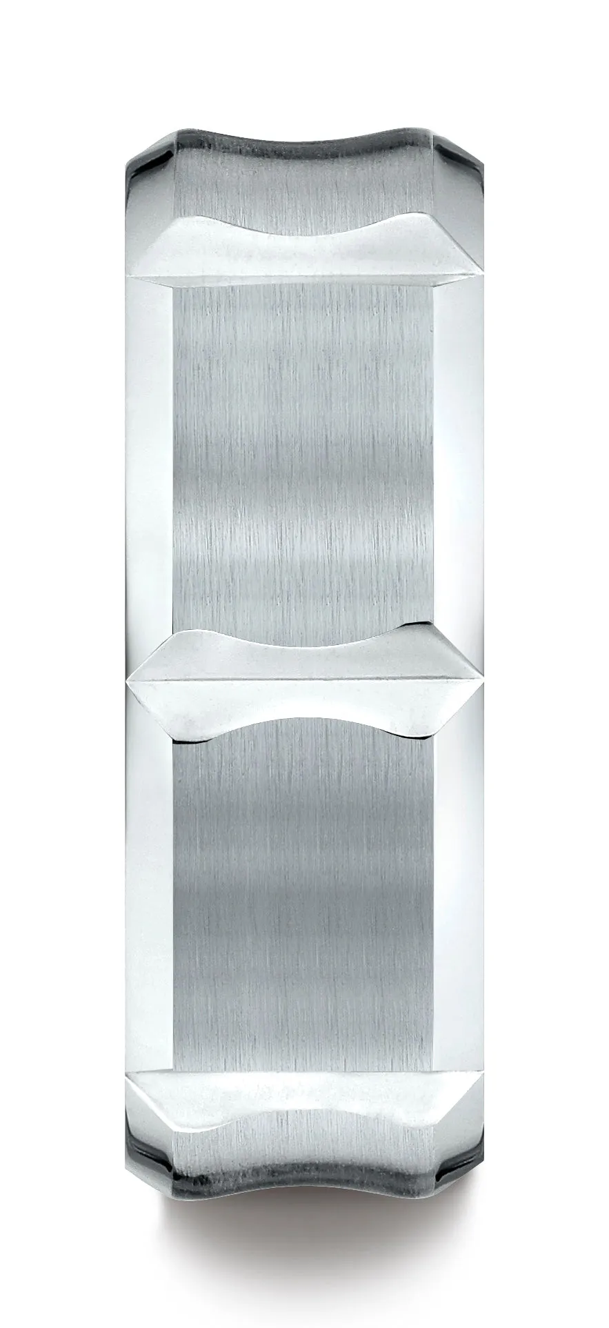Benchmark 14K White Gold 8mm Comfort-Fit Beveled Edge Concave with Horizontal Cuts Carved Design Ring