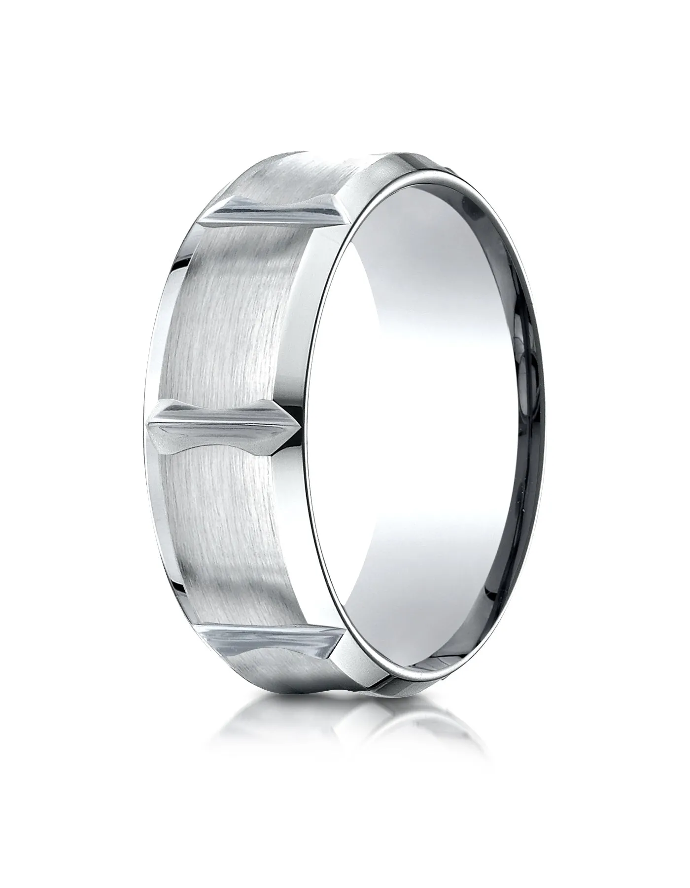 Benchmark 14K White Gold 8mm Comfort-Fit Beveled Edge Concave with Horizontal Cuts Carved Design Ring