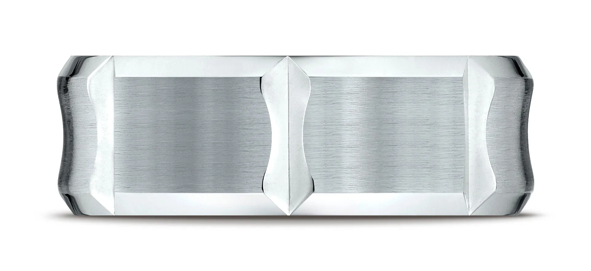 Benchmark 14K White Gold 8mm Comfort-Fit Beveled Edge Concave with Horizontal Cuts Carved Design Ring
