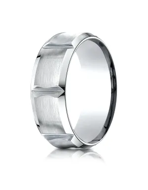 Benchmark 14K White Gold 8mm Comfort-Fit Beveled Edge Concave with Horizontal Cuts Carved Design Ring