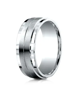 Benchmark 14k White Gold 8mm Comfort-Fit Drop Bevel Satin Center Design Band, (Sizes 4-15)