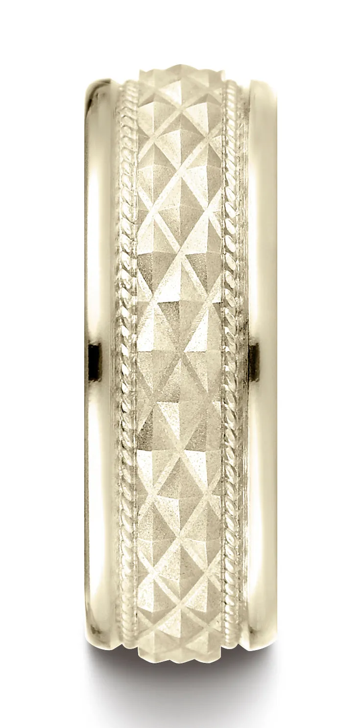 Benchmark 14K Yellow Gold 8mm Comfort-Fit Round Edge Cross Hatch Patterned Wedding Band Ring