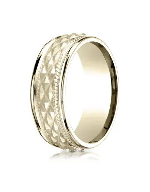 Benchmark 14K Yellow Gold 8mm Comfort-Fit Round Edge Cross Hatch Patterned Wedding Band Ring
