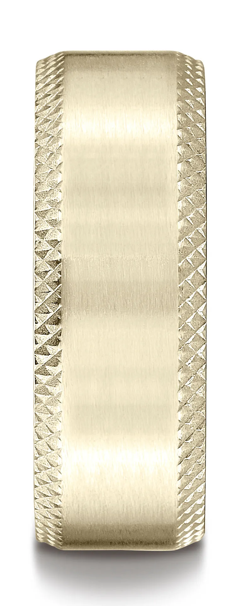 Benchmark 14K Yellow Gold 8mm Comfort-Fit Satin-Finished Cross Hatched Beveled Edge Carved Design Ring