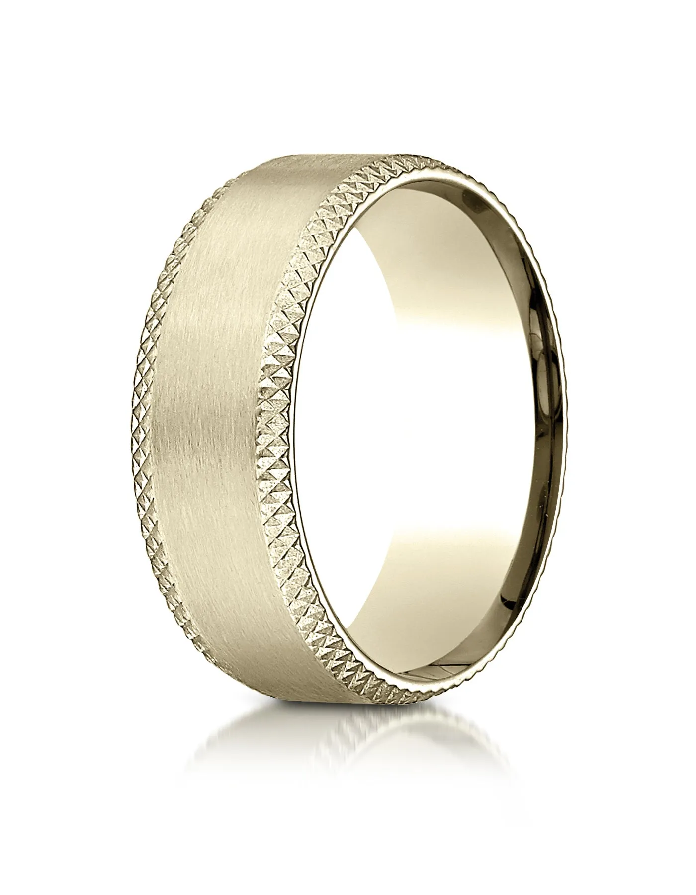 Benchmark 14K Yellow Gold 8mm Comfort-Fit Satin-Finished Cross Hatched Beveled Edge Carved Design Ring