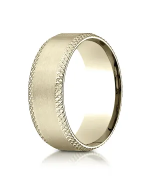 Benchmark 14K Yellow Gold 8mm Comfort-Fit Satin-Finished Cross Hatched Beveled Edge Carved Design Ring