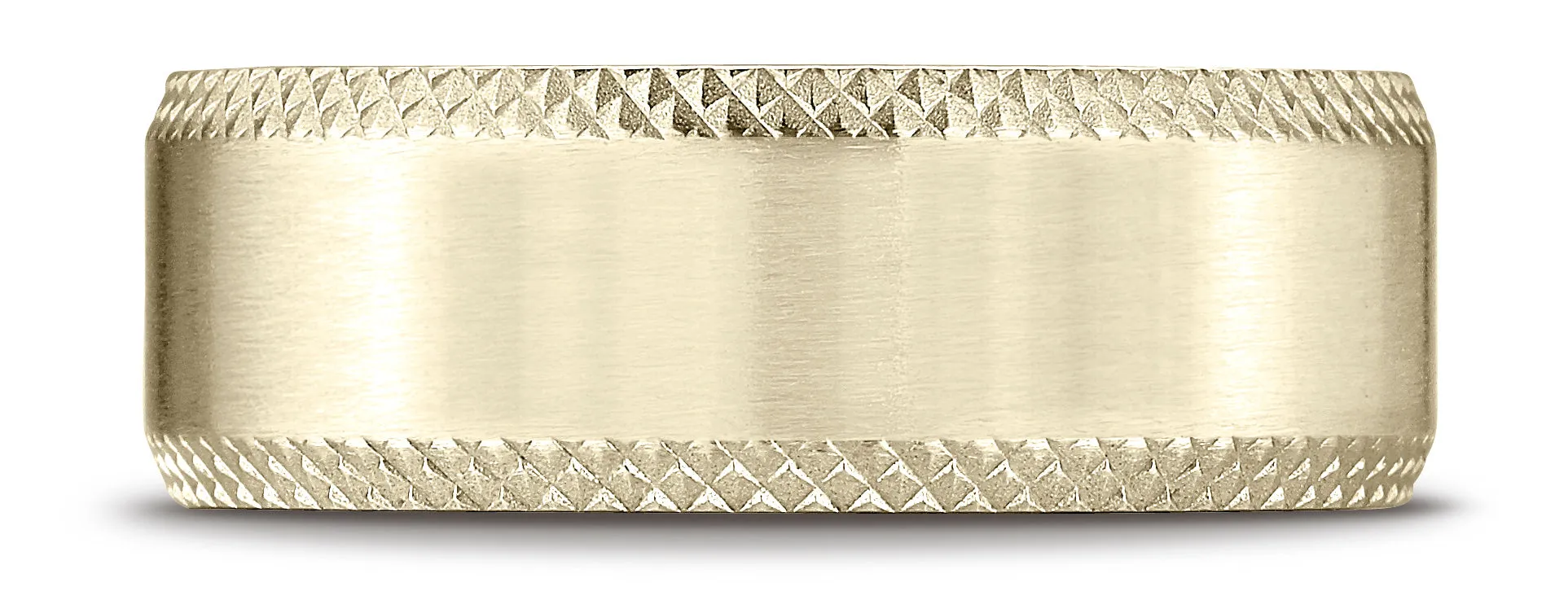 Benchmark 14K Yellow Gold 8mm Comfort-Fit Satin-Finished Cross Hatched Beveled Edge Carved Design Ring
