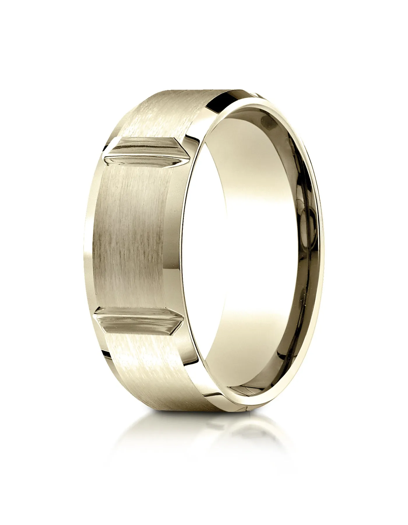 Benchmark 14K Yellow Gold 8mm Comfort-Fit Satin-Finished Grooves Carved Design Wedding Band Ring