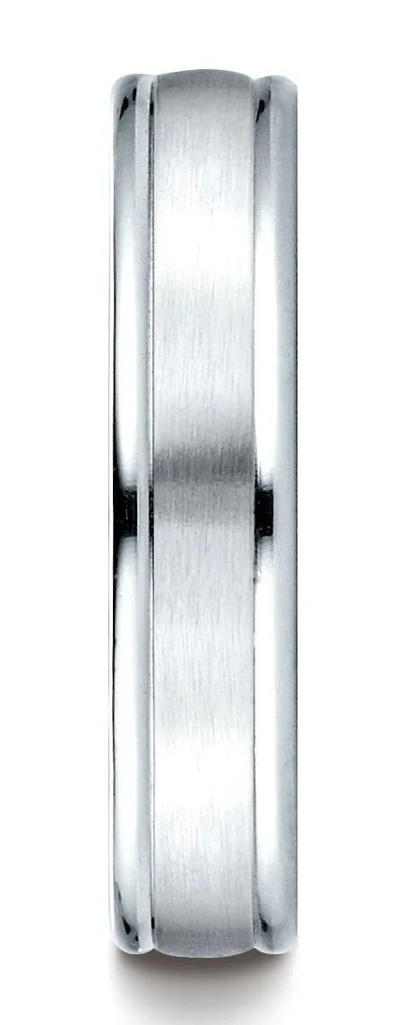 Benchmark 18K White Gold 4mm Comfort-Fit Satin-Finished High Polished Round Edge Carved Design Band Ring