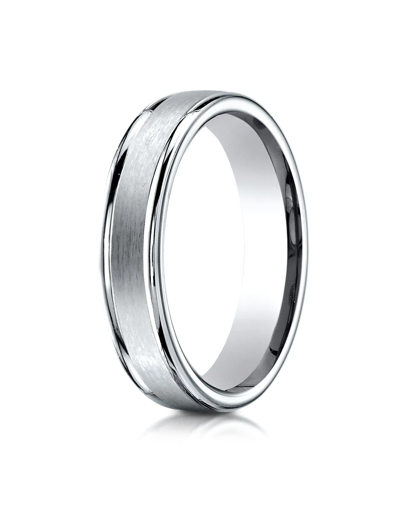 Benchmark 18K White Gold 4mm Comfort-Fit Satin-Finished High Polished Round Edge Carved Design Band Ring