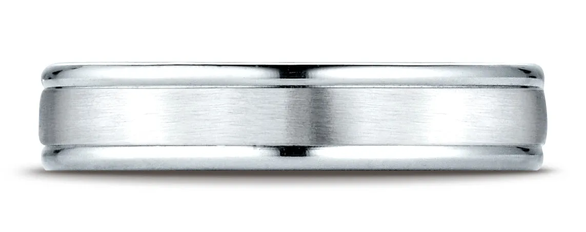 Benchmark 18K White Gold 4mm Comfort-Fit Satin-Finished High Polished Round Edge Carved Design Band Ring