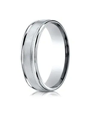 Benchmark 18K White Gold 6mm Comfort-Fit Satin Finish Center with Milgrain Round Edge Carved Design Ring